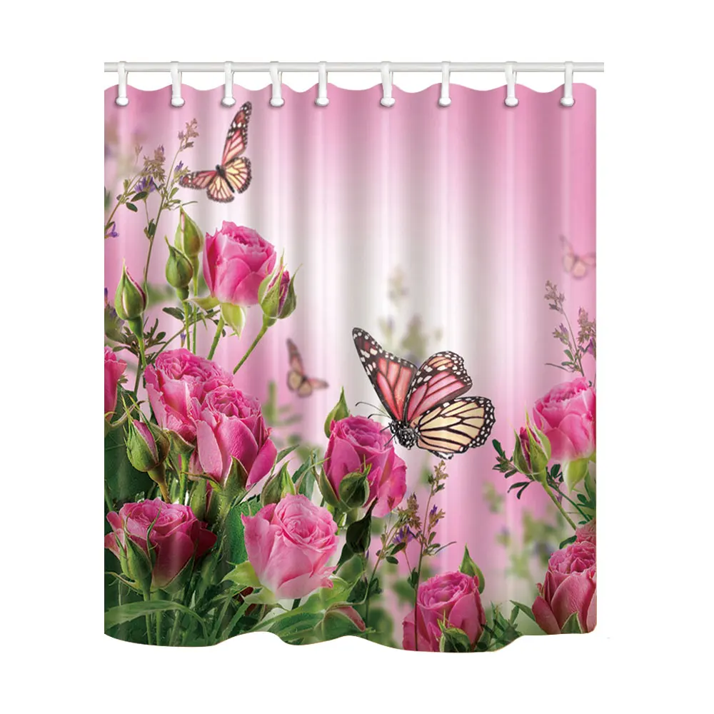Billig Rosa Pose Schmetterling Drucken Wasserdicht Dusch Vorhang Polyester Waschbar Stoff Bad Vorhang Hause Bad Vorhänge mit 12 Haken