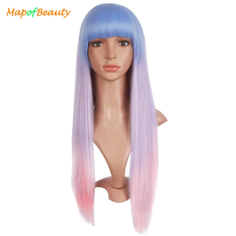 

MapofBeauty 28" Long Straight Ombre Wig Blue Pink American Bob Wigs For Women Flat Bang Heat Resistant Cosplay Synthetic Hair