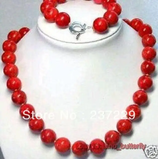 

Wholesale price FREE SHIPPING ^^^^12MM Charming red coral beads necklace 18" bracelet 8" set