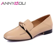 ANNYMOLI/обувь из натуральной кожи; женские мокасины; лоферы на плоской подошве; повседневная обувь с бантом; Весенняя кожаная обувь без застежки с квадратным носком на плоской подошве