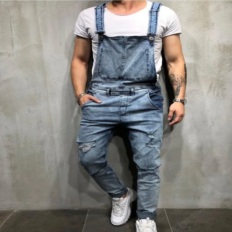 

VXO 2019 Fashion Men's Ripped Jeans Jumpsuits Hi Street Distressed Denim Bib Overalls For Man Bib jumpsuit retro jeans