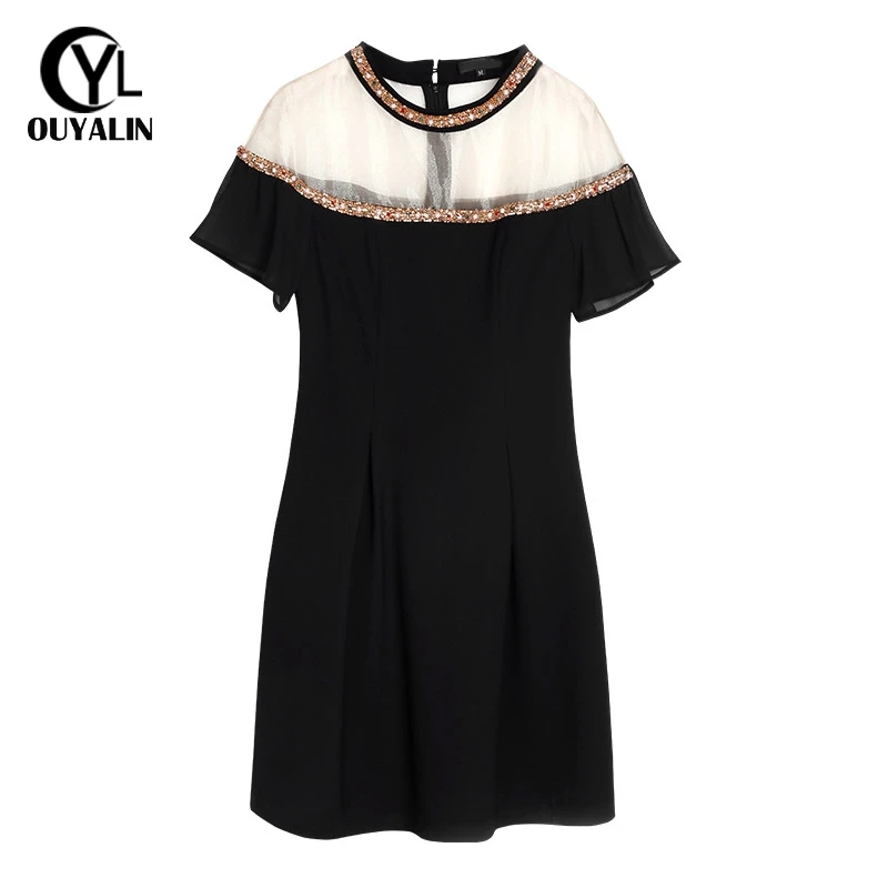 Size-S Diamond Pearl Beaded Black Dresses Sexy See-Through Organza Patchwork Dress Fashion Short Sleeve B3773 | Женская одежда