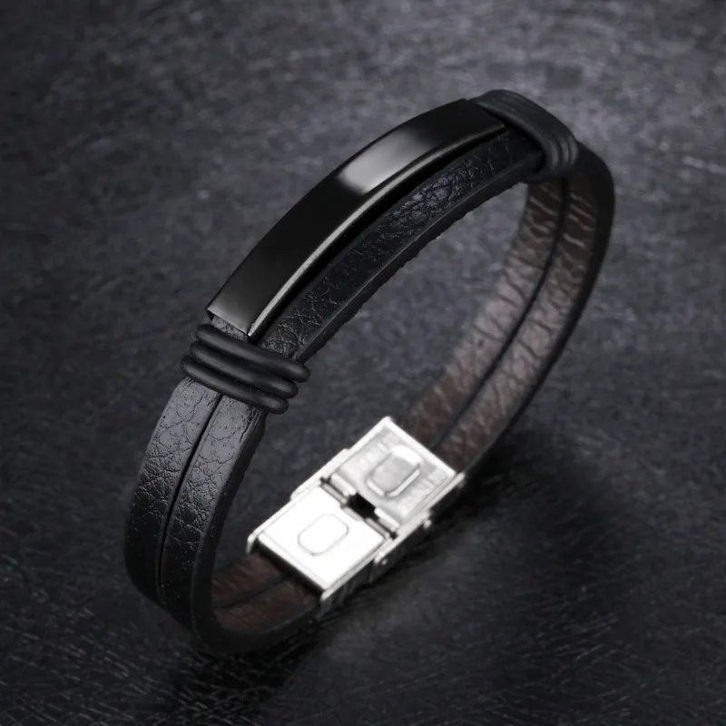 

2019 New Fashion Luxury Leather Stainless Steel Bracelet Men Classic Wrap Bracelet Bangle For Men Jewelry Gift