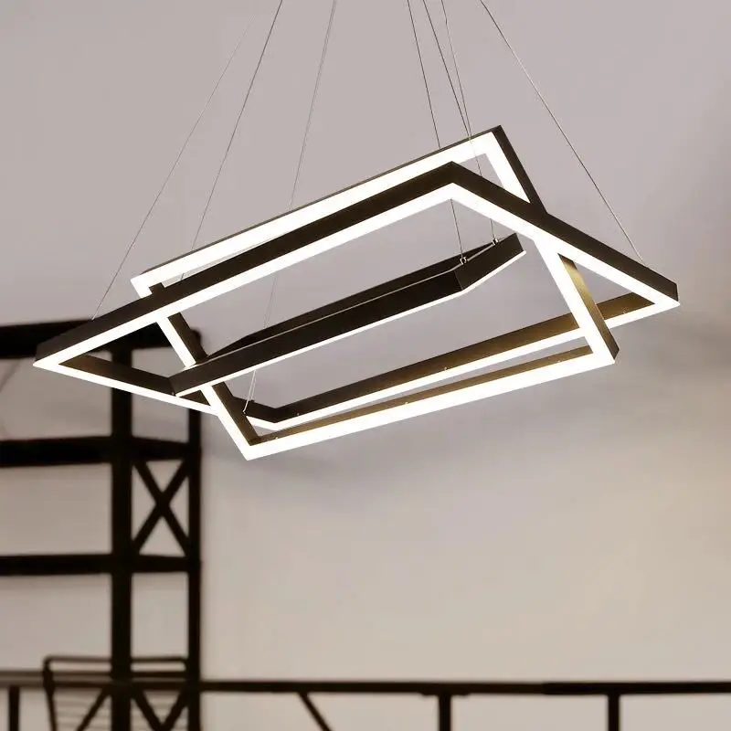 Современный промышленный черный светодиодный подвесной светильник, прямоугольная круглая лампа для гостиной, офиса, квадратное кольцо, большая подвесная Подвесная лампа