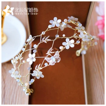 

Korean Contracted crystal bride hair hoop beautiful butterfly flower pale golden hair ornaments headdress pince cheveux femme