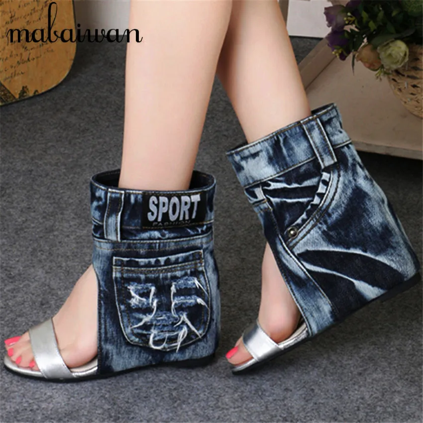 Fashion Women Summer Boots Denim Sandals Peep Toe Ankle Botas High Heels Gladiator Wedge Shoes Woman Height Increasing Wedges