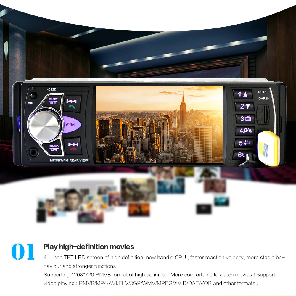 

4.1" 1Din Car Audio Autoradio Car MP5 Player Viehcle FM Radios Card Disk Reversing Video Camera support t Rear-view Camera