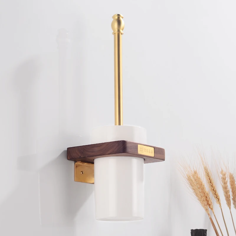 Toilet Brush Holder Set Ceramic Cup Brass Wood Toilet Brush Holder Bathroom Clean Cleaning Brush Wall Mounted Bathroom Hardware