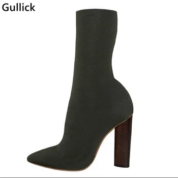 

Cheap Knit Ankle Boots Army Green Stretch Block Heels Woman Short Boots Pointed Toe 11CM High Heels Woman Boots Big Size 10