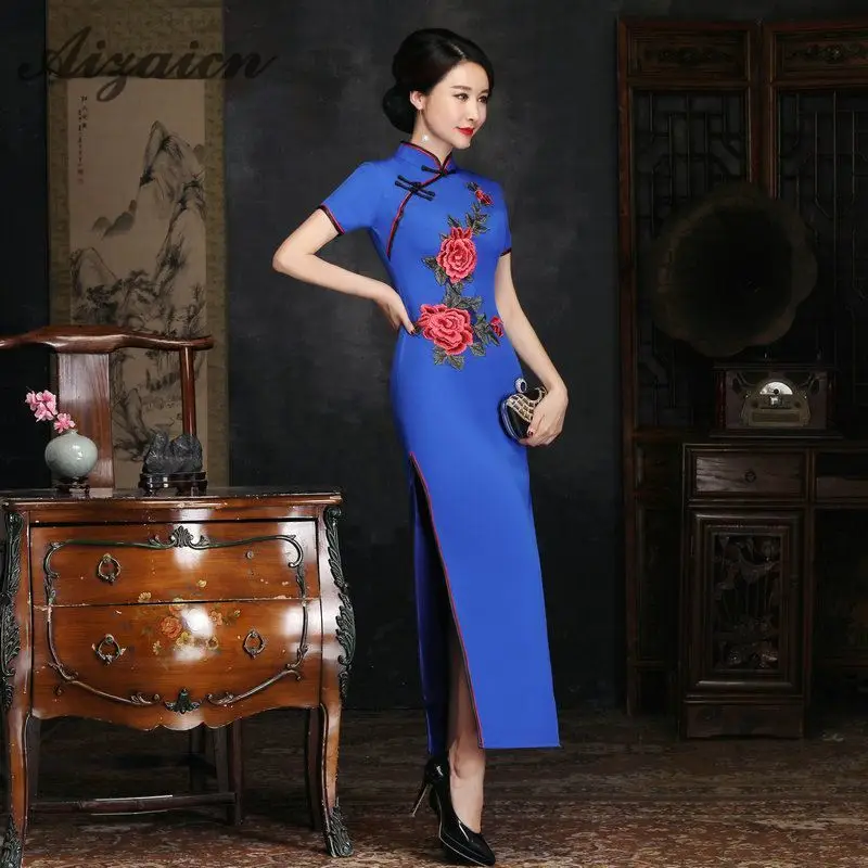 Шелк Длинные Cheongsam Qipao для женщин Формальные Vestidos Красный пикантные китайское традиционное платье костюмы плюс размеры восточные платья