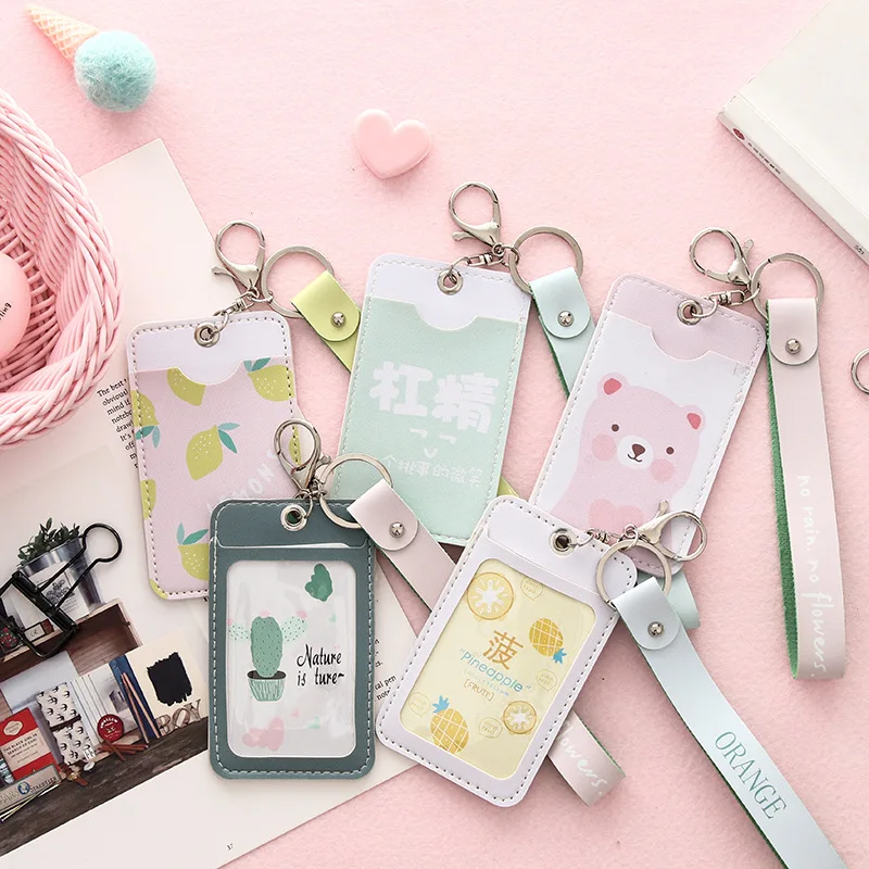 

Cartoon Animal PU Leather Card Holder with Keychain Business Bus Bank Credit Card Cover Case for Women Kids