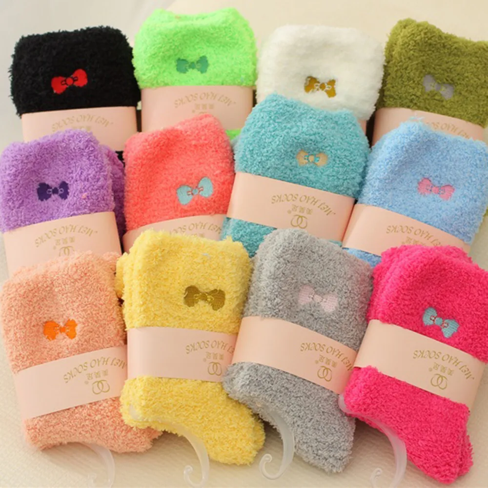 

1 Pair Women Bow cute socks women Multi-Color Thicken Plush Winter winter socks warm Fashion harajuku socks short for girl