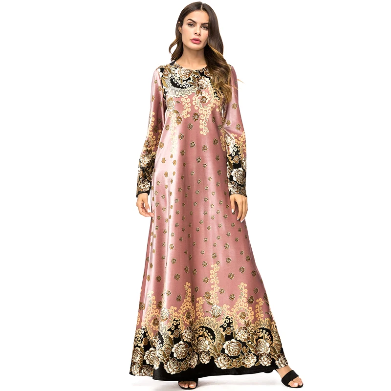 

Women Autumn Winter Fashion Long Robe O-Neck Long Sleeve Print Flowers Dress Dubai Turkish Islamic Clothing