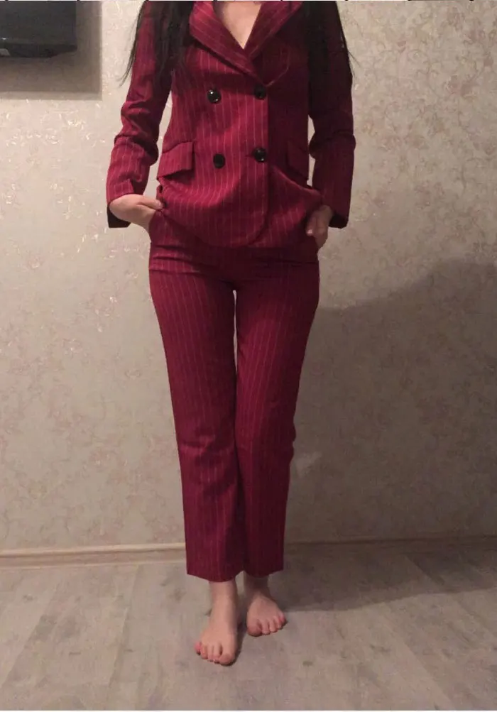 Work Pant Suits OL 2 Piece Sets Double Breasted Striped Blazer Jacket& Zipper Trousers Suit For Women Set Feminino Spring