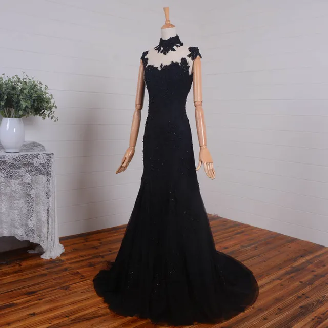 2017 Vintage Black Mermaid Evening Dresses High Neck Beaded Fish 2017 Vintage Black Mermaid Evening Dresses High Neck Beaded Fish Tail Married Le Engagement Formal Gowns
