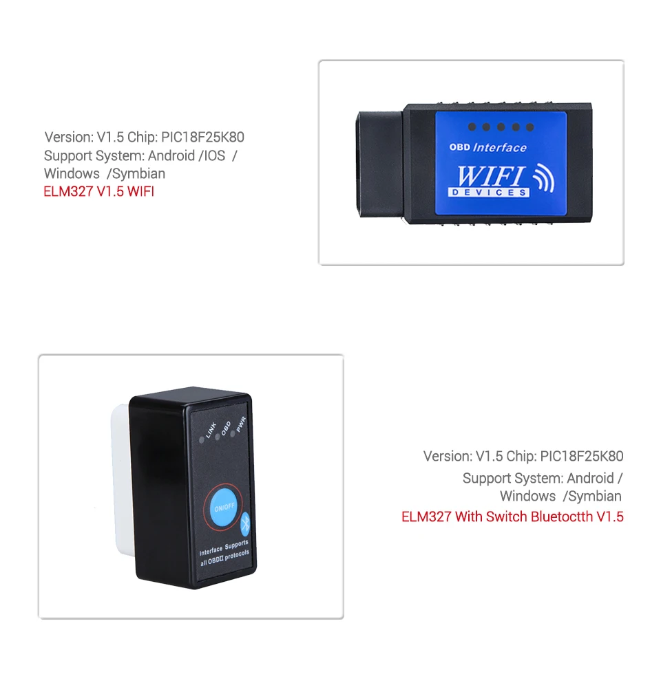 pic18f25k80 ELM327 V1.5 Wifi Bluetooth OBD2 OBDII Diagnostic Tool as Easydiag Scanner Car Fault Auto Code Reader for IOS Android