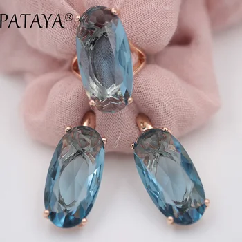 

PATAYA New Fine Jewelry Set For Women Fashion Wedding Noble 585 Rose Gold Oval Artificial Cubic Zircon Blue Earrings Rings Sets