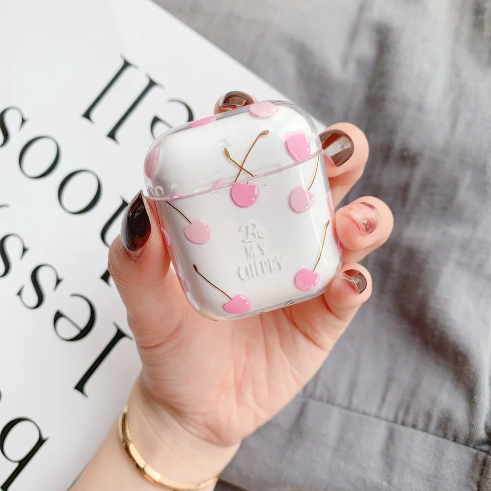 Pink Honey peaches Hard PC Crystal Cover Bag Cases Transparent Cherry Earphone Case for Apple AirPods 1 2 Wired Charging Box