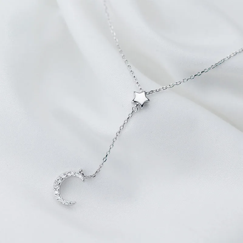 Choker CZ Star 925 Silver Crescent Moon Dangling Adjustable Necklace