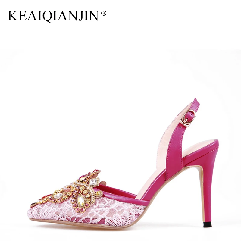 

KEAIQIANJIN Woman Genuine Leather Crystal Sandal Fashion Red Wedding High Heels Shoesa Sexy Plus Size 33 Genuine Leather Sandal