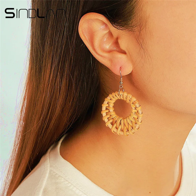 

Sindlan Ethnic Hyperbole Bamboo Knit Pendant Earrings Hollow Handmade Knitting Dangle Earrings for Women Fashion Ear Jewelry