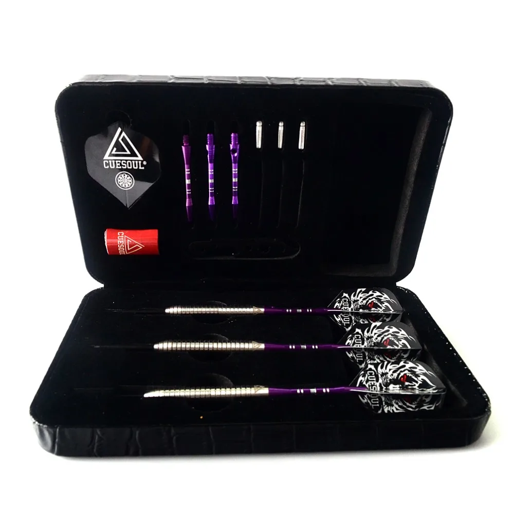 ФОТО CUESOUL 21 Grams 90% Tungsten Steel Tip Darts Set With Luxury Black Dart Case&Purple Dart Shaft