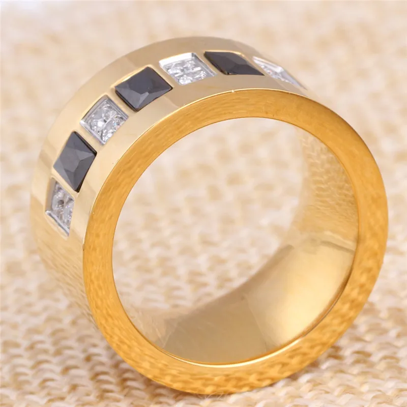 Modyle New Fashion Gold Color Stainless Steel White/Black CZ Zircon Wedding Ring for Women