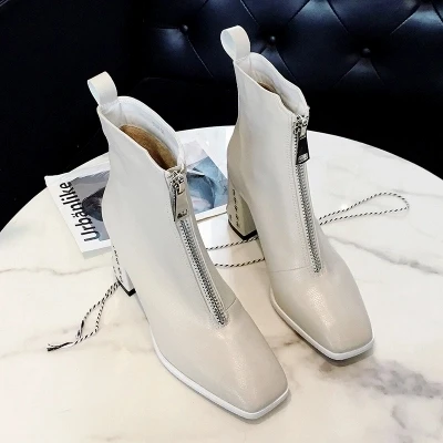 

Shoes woman white black spring and autumn new British wind front zipper high heel women's boots square head with sexy luxury