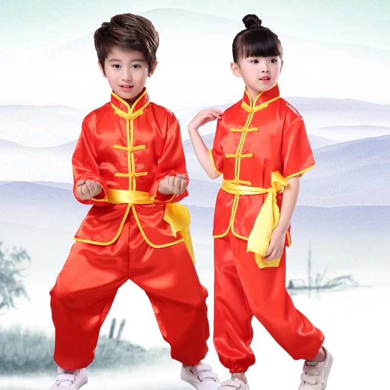 Детский Китайский традиционный комплект Wushu кунг фу с коротким рукавом длинным