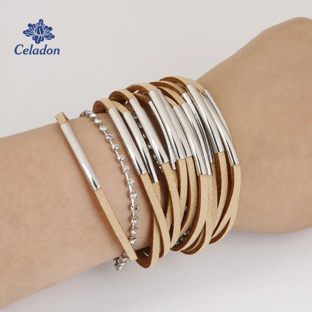 

Punk Style Hand Woven Multi-layer Leather Link Bracelets Black and Khaki Color Fashion Jewelry for Women