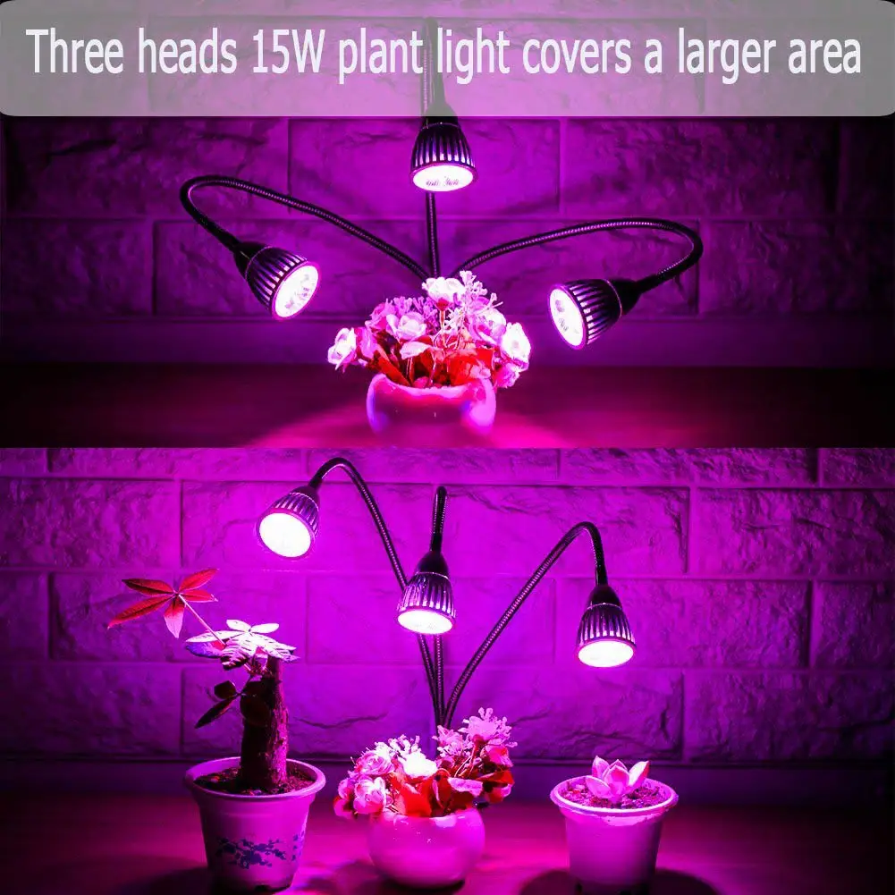 

3 Heads 15W Led Grow Light With Clip Flexible Plant Flower Vegetable Growing Lamp For Office Home Greenhouse Hydroponics LB88