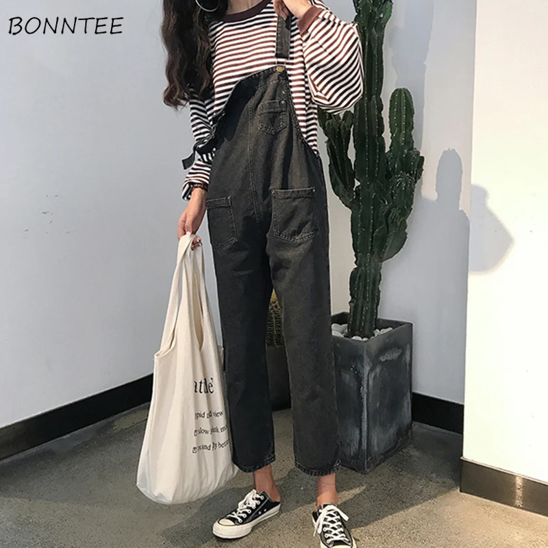 

Jumpsuits Women Ankle-Length Leisure Solid Denim Jumpsuit Chic Womens All-match Pockets Korean Style Loose Straight Daily Female
