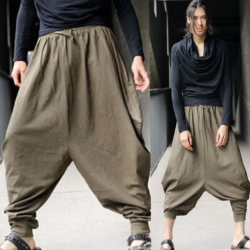 Zongke Chinese Style Streetwear Wide Leg Pants Men Cotton
