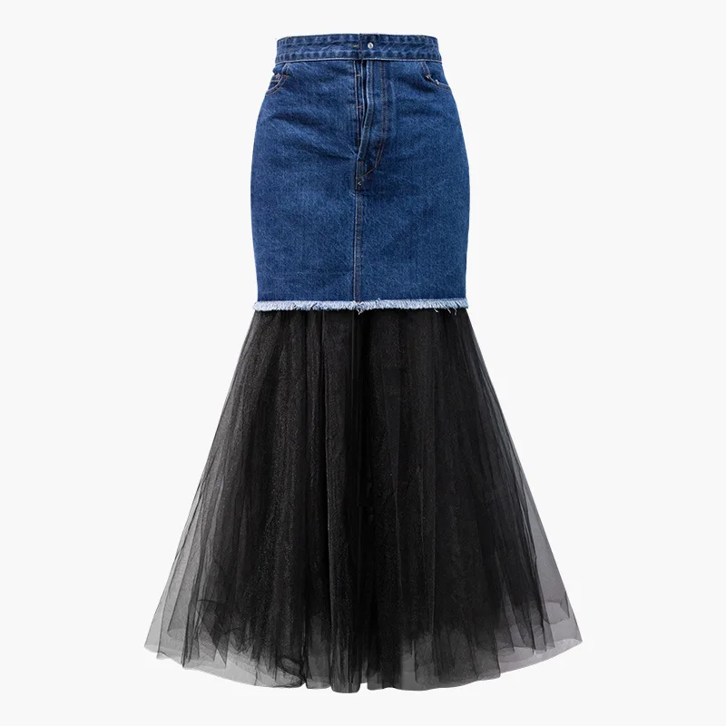 

[EWQ] Summer Of 2019 New Pattern Denim Patchwork Mesh Both Positive And Negative Can Wear Streetwear Skirt Women AE48301