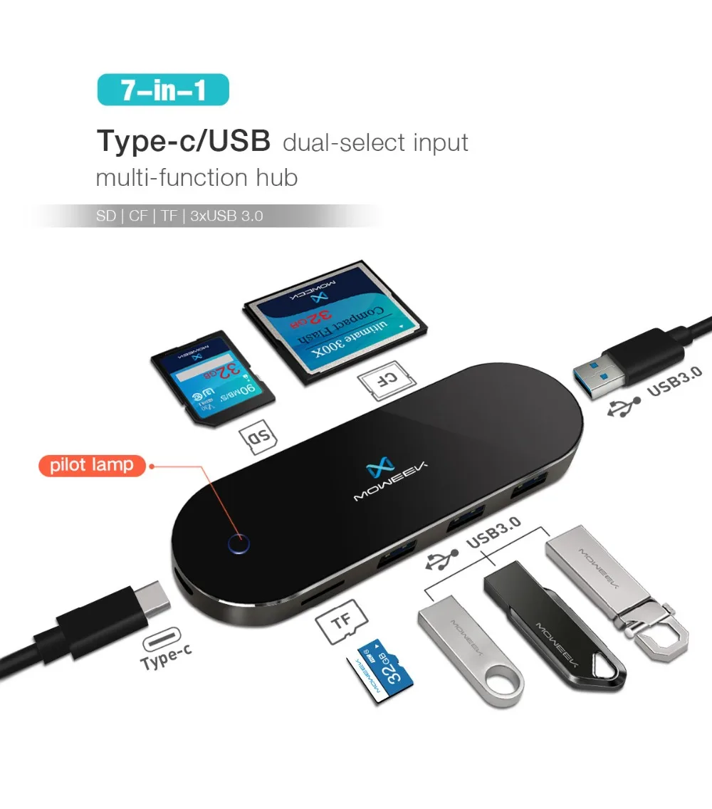 Moweek usb-концентратор Тип C до USB 3,0 usb-хаб 7 в 1 SD/TF Card Reader для MacBook samsung S9 huawei P20/P20 pro Тип C концентратор USB