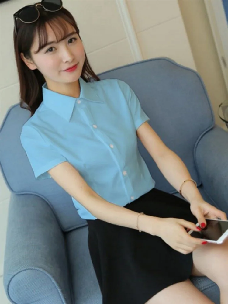 2019 Women Summer Plus Size Solid White Office Wear Loose Shirts Female Slim Fit Lapel Blouses Casual Short-sleeved Tops Shirts