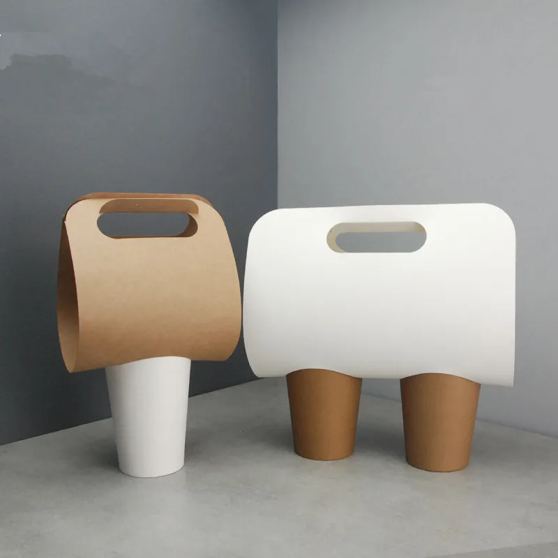 

50pcs Creative disposable cup holder coffee soy milk plastic cup takeaway packaging paper cup holder with handle