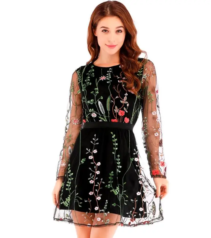 

Sexy Women Floral Embroidery Dress Sheer Mesh Summer Boho Mini A-line Dress See-through Black Dress 2019 Vestidos De Festa