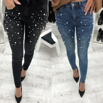 

2Color Denim Pencil Pants Ladies Casual Slim Fit Rivet Pearl Jeans 2019 Summer Long Trousers For Women