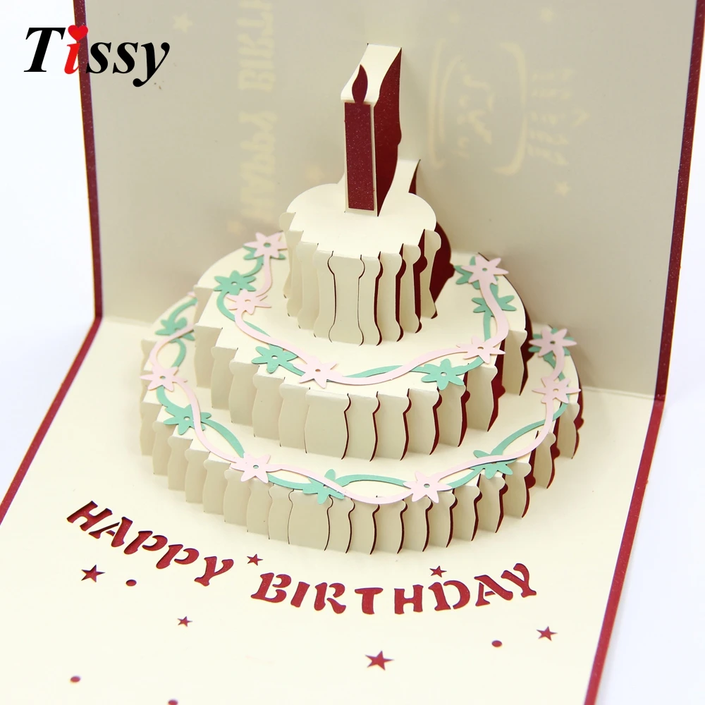 1PC 3D Happy Birthday Cards Birthday Cake Laser Cut Folding Greeting