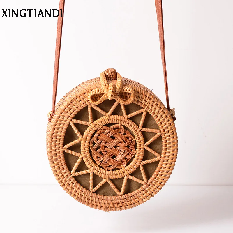 

ArrivalSummer Hollow out VintageBohemian Circle Rattan BagHandmade Shoulder Bags Round Straw Beach Bag Crossbody Bali Bag