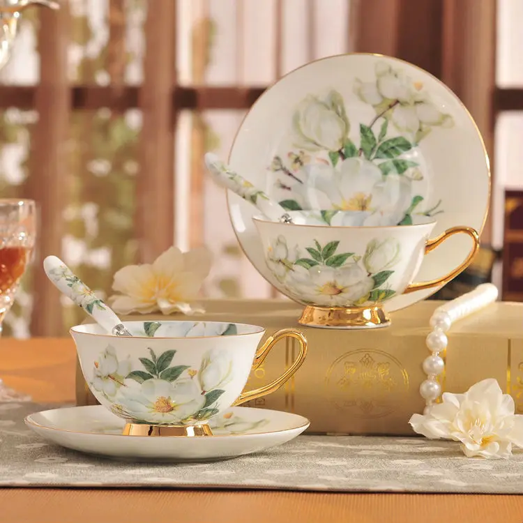 Classic Bone China Coffee Tea Cups  Saucers Fine Porcelain Teaware Floral Pattern Ceramic Drinkware Fancy Gift (3)