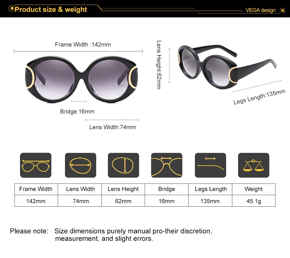 VEGA Eyewear Fashion Oval Sunglasses Women for Big Face Ladies Oversized Glasses with Large Frame Retro Vintage Sunglasses 226 (3)