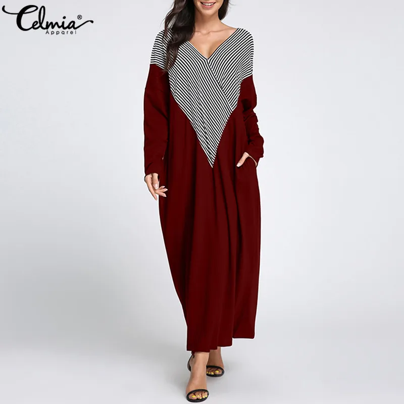 

Celmia 2019 Autumn Women Dress V Neck Casual Patchwork Vestido Striped Shirt Dresses Long Sleeve Sundress Female Vestidos Mujer