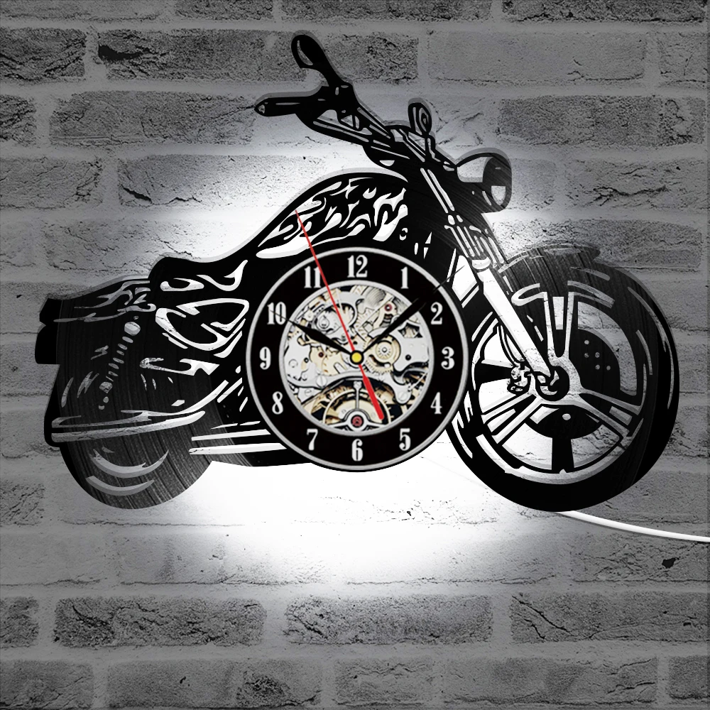 Preise 3D Kreative Klassische Schallplatte Uhr Motorrad Fans Geschenk Hohl Motorrad Form Wand Kunst Motorrad Rider LED Uhr
