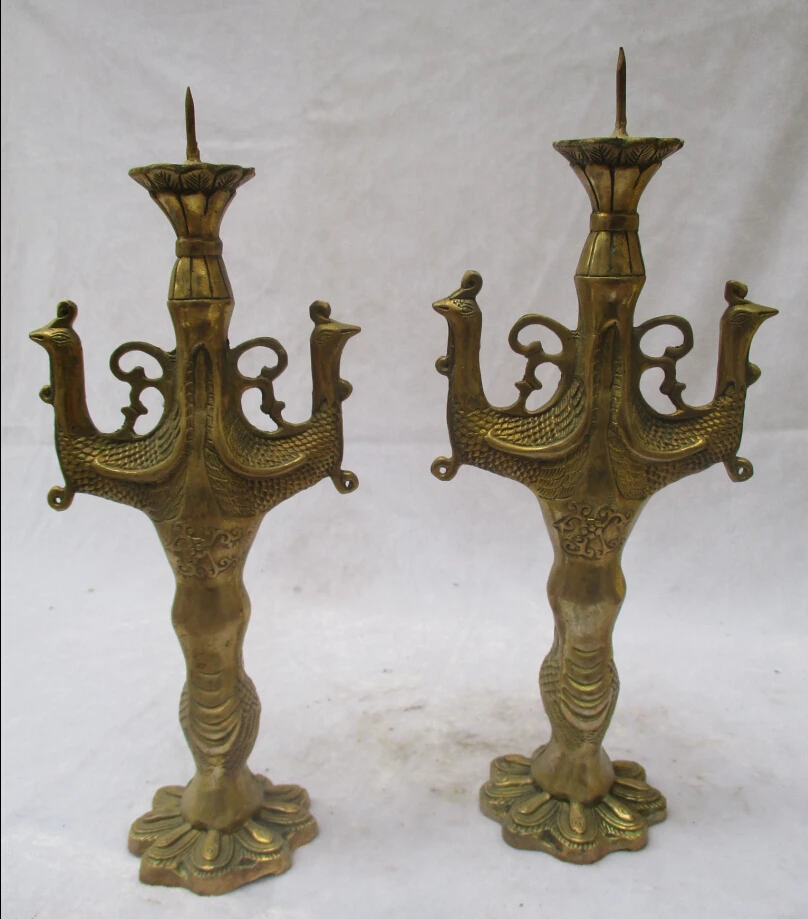 

Collectible 1 Pair of Chinese Old Copper Carved phoenix Candlestick /Antique Metal Candlestick 02