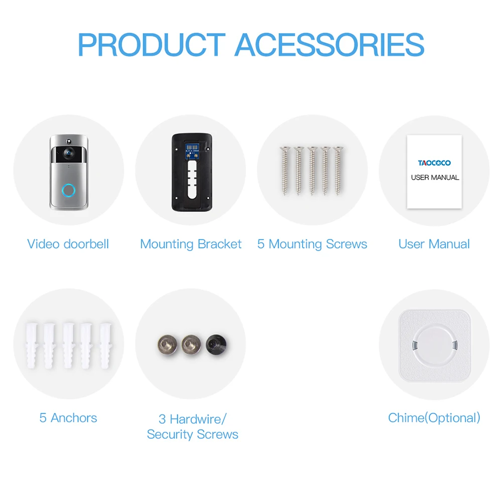 TAOCOCO Smart Video Doorbell Camera WiFi IP Camera Ring Door Video Intercom Two Way Audio APP Control Night Vision Doorbell