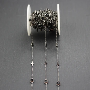 

6mm,Faceted Black Glass Square Shape Chains,Wire Wrapped Gun Black Plated Cross Shape Links Bracelet Neccklace