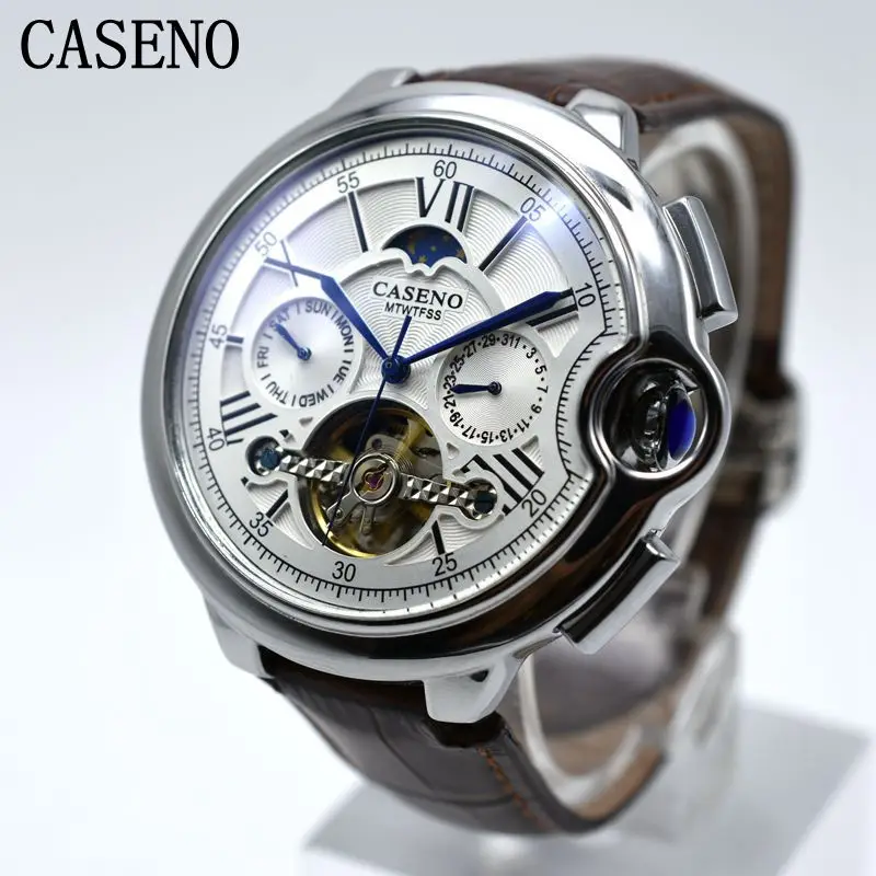 CASENO Tourbillon Мужские часы Топ бренд класса люкс ремень часы для мужчин автоматические механические наручные часы Скелет спортивные мужские часы relogio