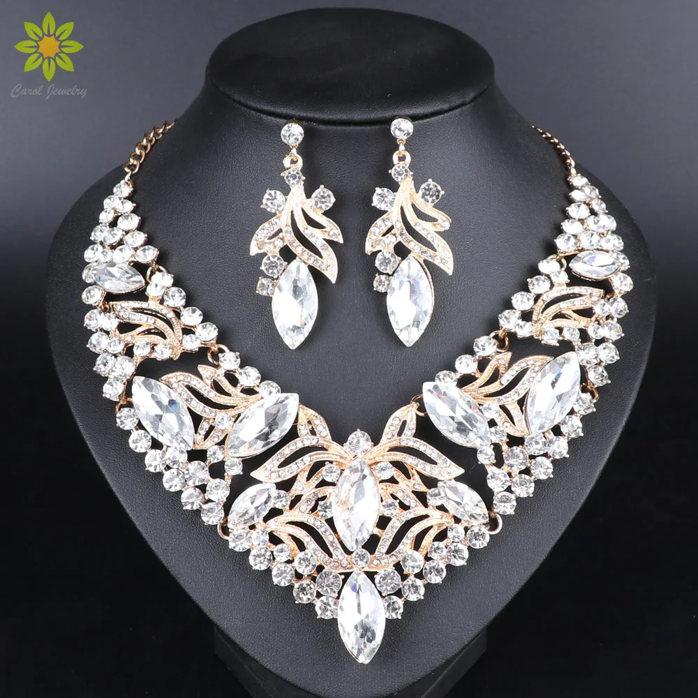 

Fashion Indian Jewellery Crystal Necklace Earrings Bridal Jewelry Sets For Brides Party Wedding Costume Accessories Decoration